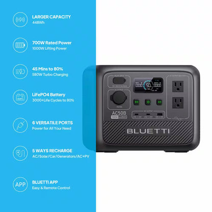 700W Continuous/1000-Watt Peak Output Power Station AC50B Push Button Start Lifepo4 Battery Solar Generator for Outdoors