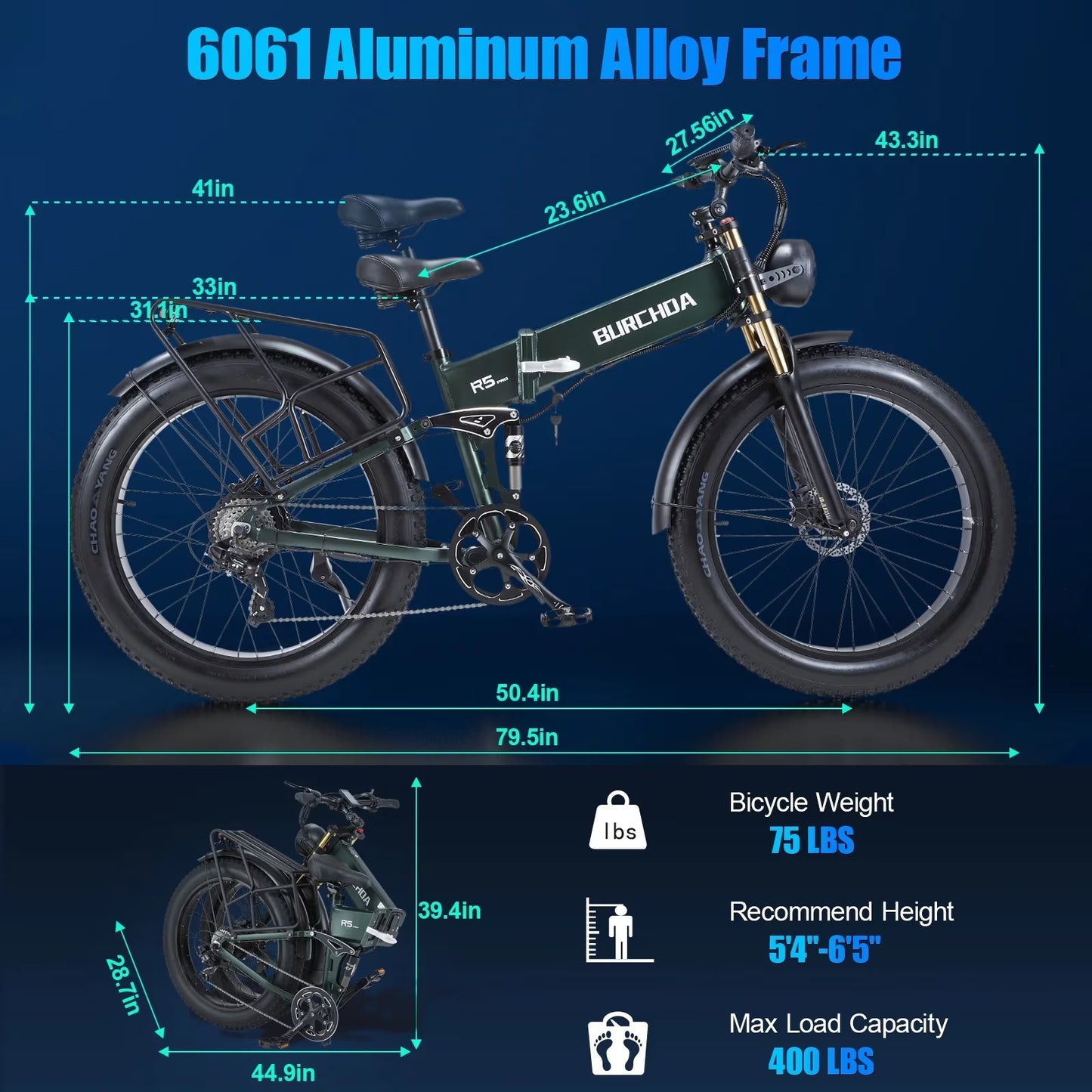 Folding Electric Bike for Adult 26'', 1000W UL2849 48V 40Ah Removable Battery Fat Tire E-Mountain Bike up to 30MPH Long Range off Road Ebike Beach Snow Dual Hydraulic&Brakes Electric Bicycle