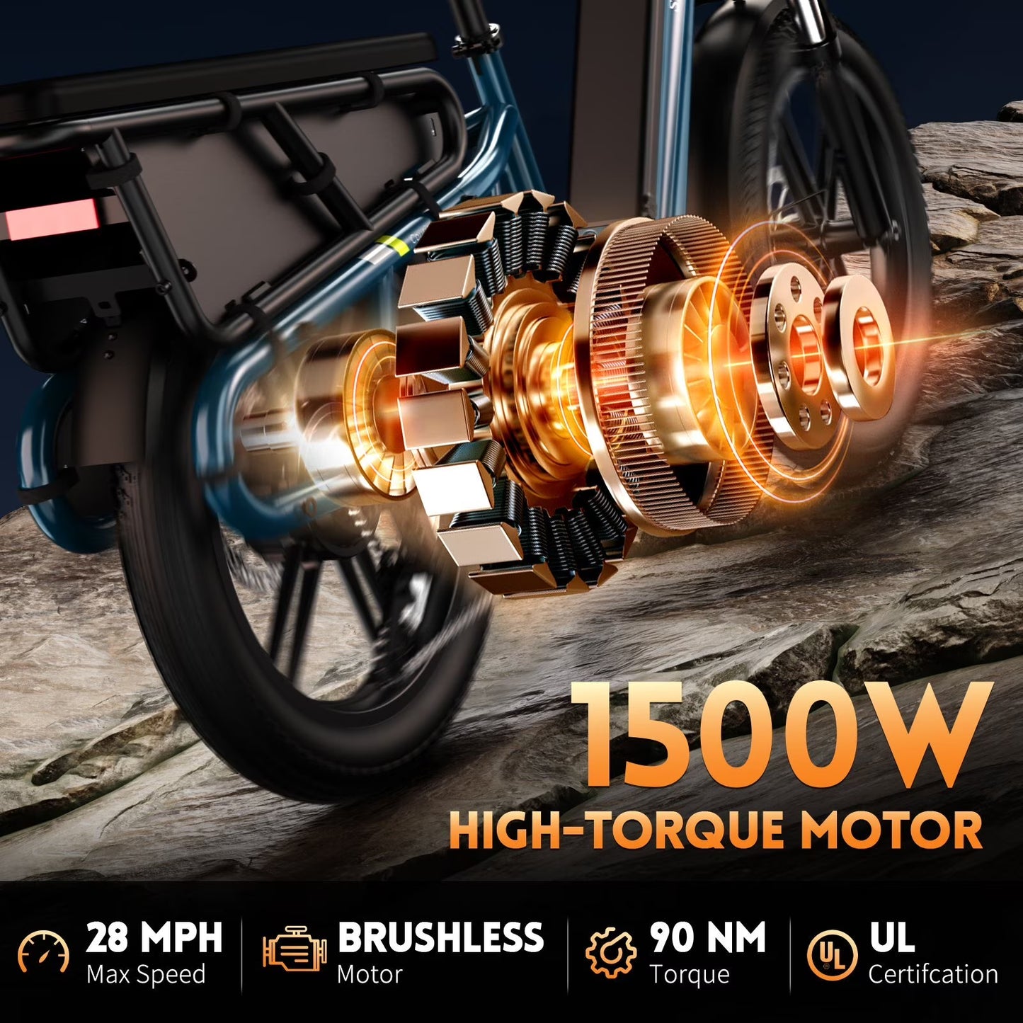 Electric Bike for Adults, Peak 1500W Motor, E Mountain Bike, 20'' Fat Tire Ebike, Fast Cargo Ebikes, Electric Bicycle 48V/15Ah UL2849