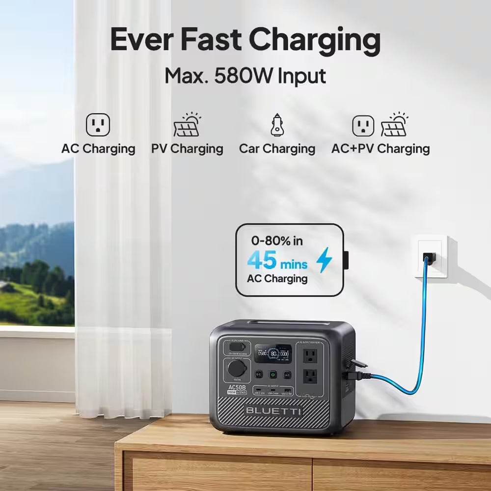700W Continuous/1000-Watt Peak Output Power Station AC50B Push Button Start Lifepo4 Battery Solar Generator for Outdoors