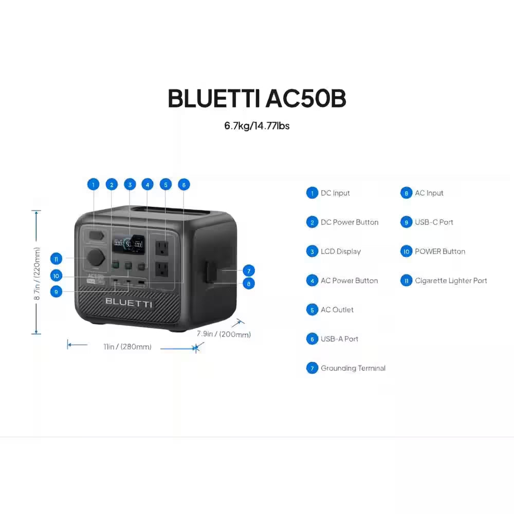 700W Continuous/1000-Watt Peak Output Power Station AC50B Push Button Start Lifepo4 Battery Solar Generator for Outdoors