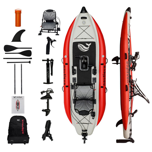 Nautiqua ARUBA Inflatable Fishing Pedal Kayak / Paddleboard – Hands-Free Pedal Drive, 2 Rod Holders, Red