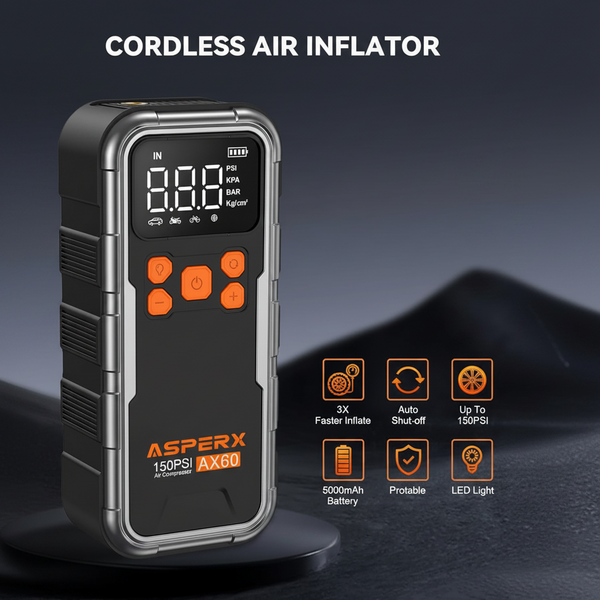 Tire Inflator Portable Air Compressor, 150PSI Cordless Air Pump for Car Tires, 3X Faster Air Inflator Tire Pump with Digital Pressure Gauge and Emergency LED Light for Motorcycle Bike Ball Car