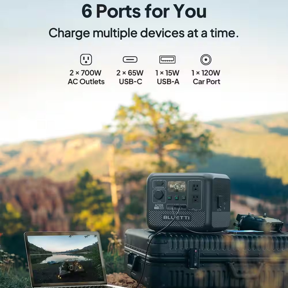 700W Continuous/1000-Watt Peak Output Power Station AC50B Push Button Start Lifepo4 Battery Solar Generator for Outdoors