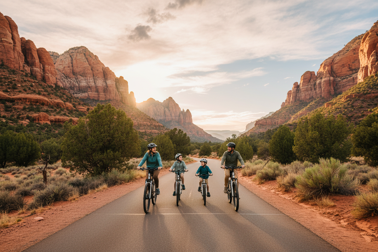 Family Riding Electric Bikes on National Park Trail